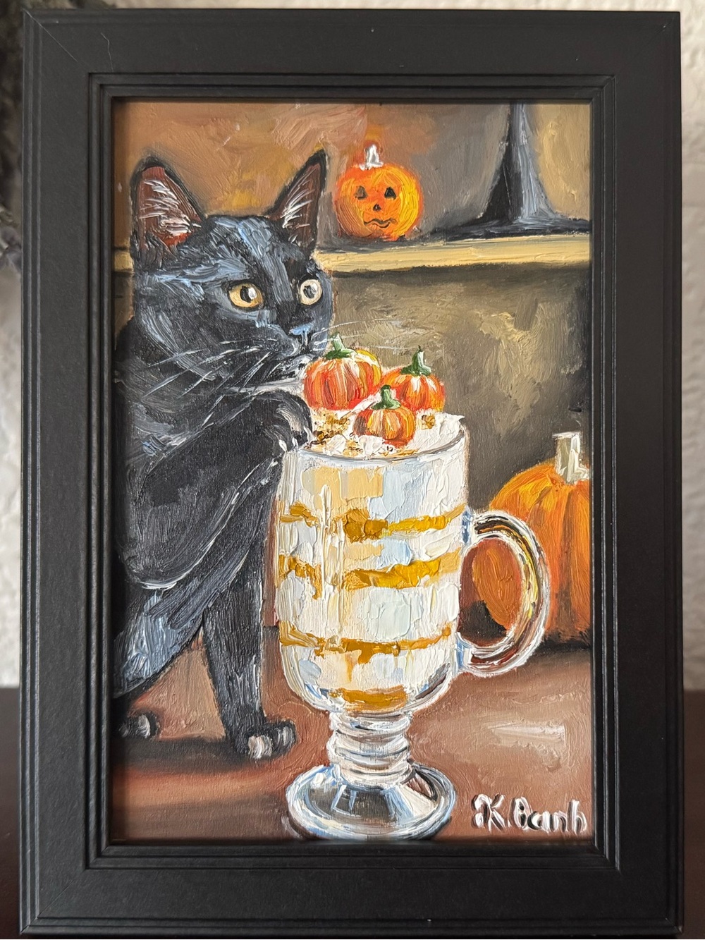 Original oil painting black cat pumpkin milkshake Halloween signed framed 4x6 in
